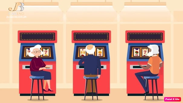 Sa larawan nakikita na may tatlong senior citizen na naglalaro ng slot machine