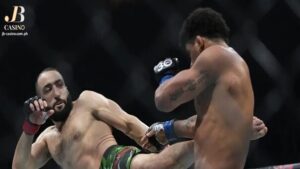 Ang larawan na ito ay pinapakita naglalaban si Leon Edwards at Belal Muhamad